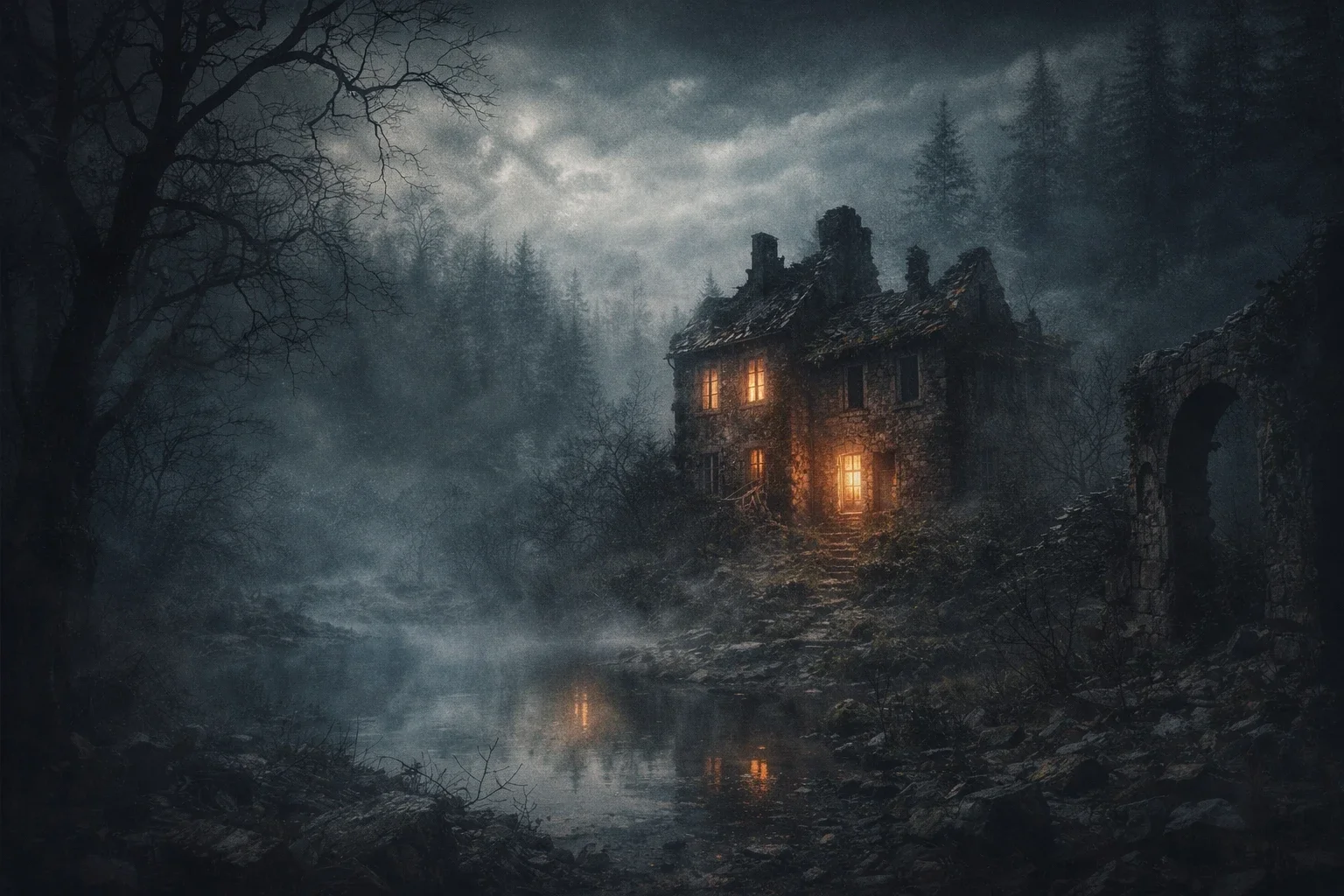 Atmospheric psychological mystery scene showing an abandoned house in a foggy forest reflecting environmental storytelling through mood, isolation, and narrative atmosphere.