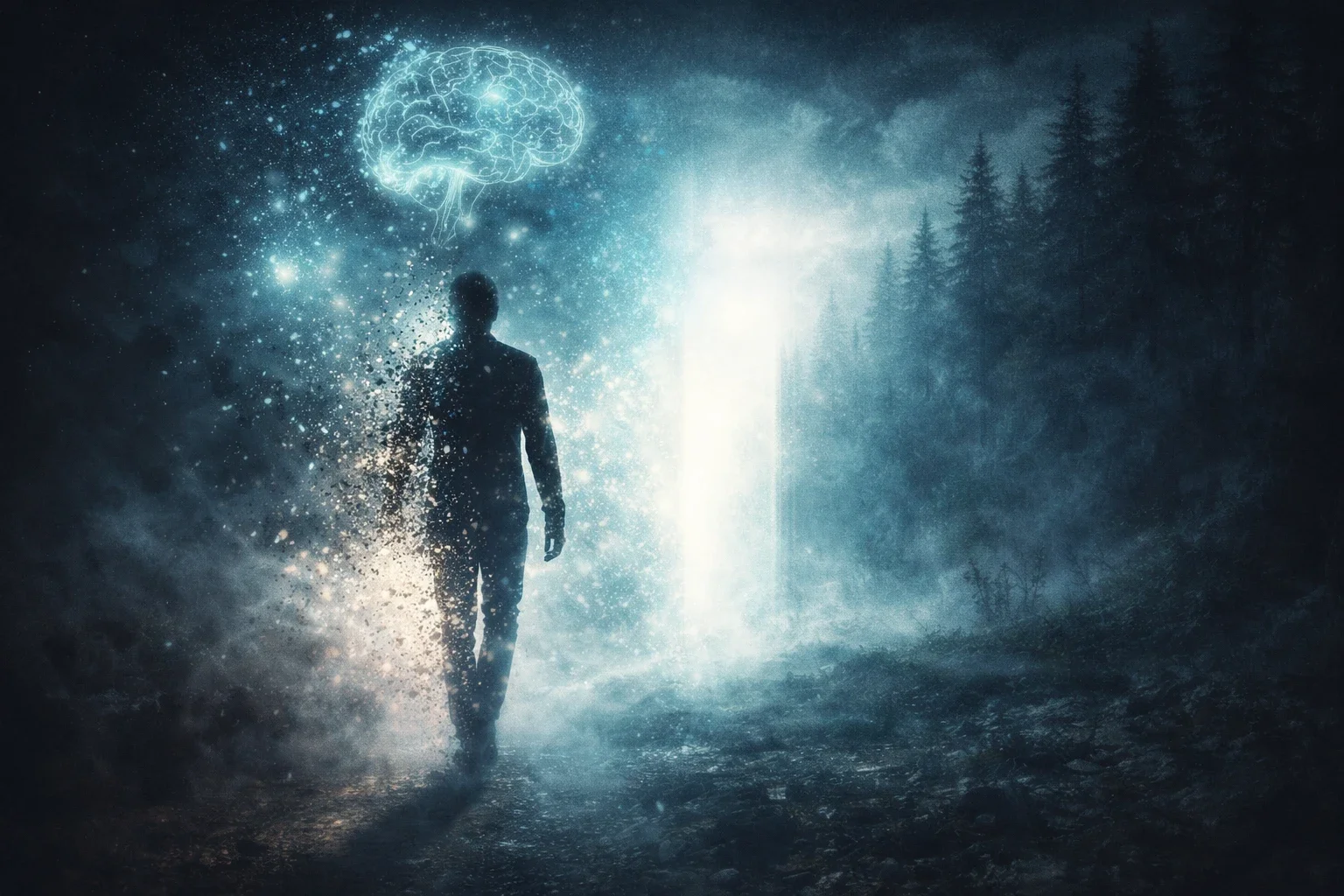 Futuristic psychological mystery illustration showing human silhouette dissolving into light and particles while walking toward a glowing portal, symbolizing evolution of identity, memory, and storytelling.