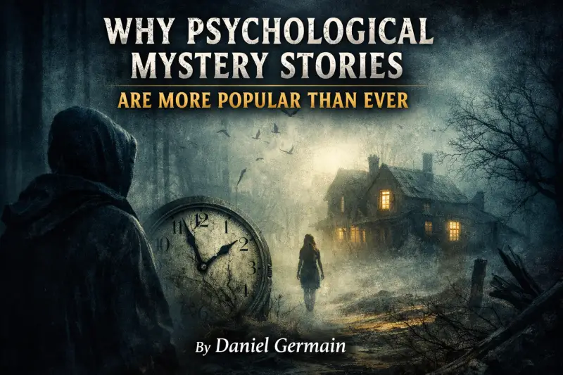 Atmospheric psychological mystery scene with hooded figure, foggy village, abandoned house and broken clock symbolizing memory and time in dark suspense fiction.