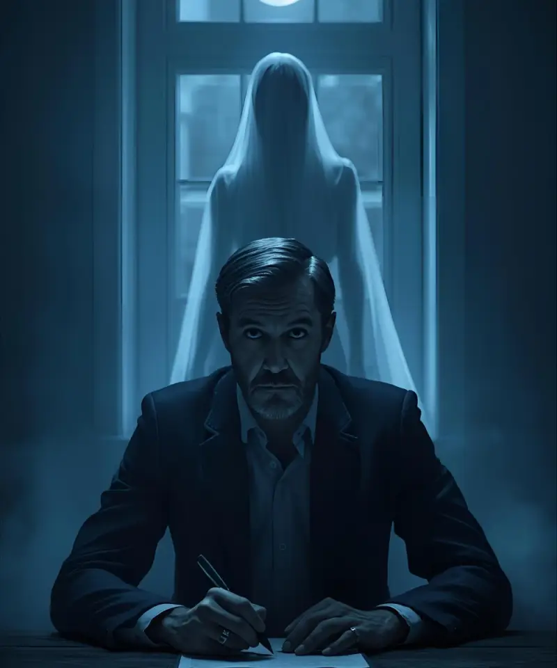 Écrivain à un bureau avec une figure fantomatique derrière lui représentant le mystère et l'inspiration de la narration