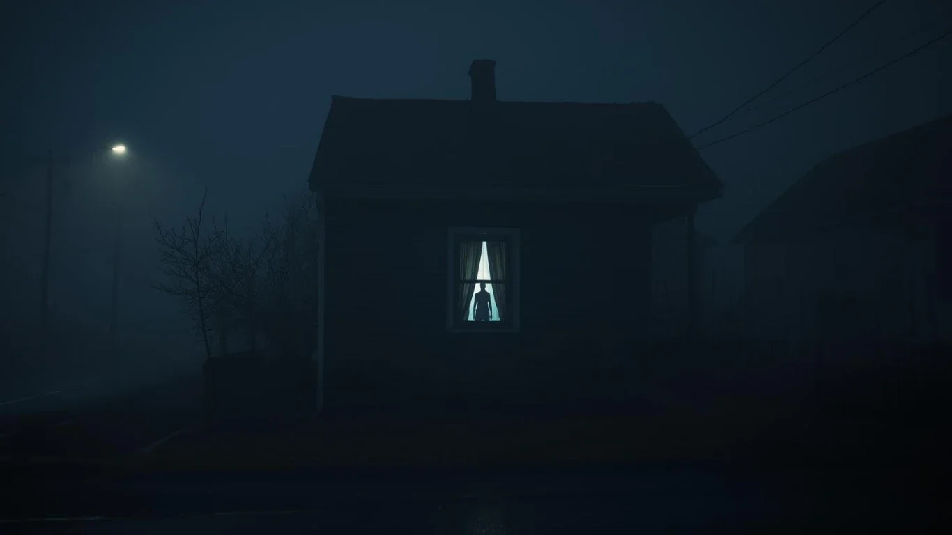 Small town house at night with a faint silhouette behind a lit window, suggesting hidden secrets in a psychological mystery setting