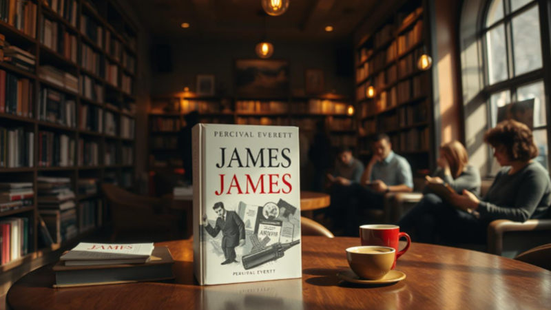 A cozy bookstore interior filled with bookshelves, dim warm lighting, and an inviting reading nook. A prominently displayed copy of 'JAMES' by Percival Everett on a wooden table surrounded by people browsing, some seated with coffee, deep in thought. Soft