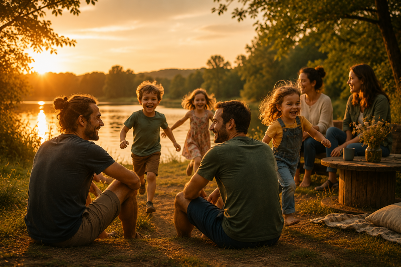Zwei Ehrenamtliche von WandelZeit e.V. sitzen am See und führen ein achtsames Gespräch in ruhiger, wertschätzender Atmosphäre bei Sonnenuntergang.
