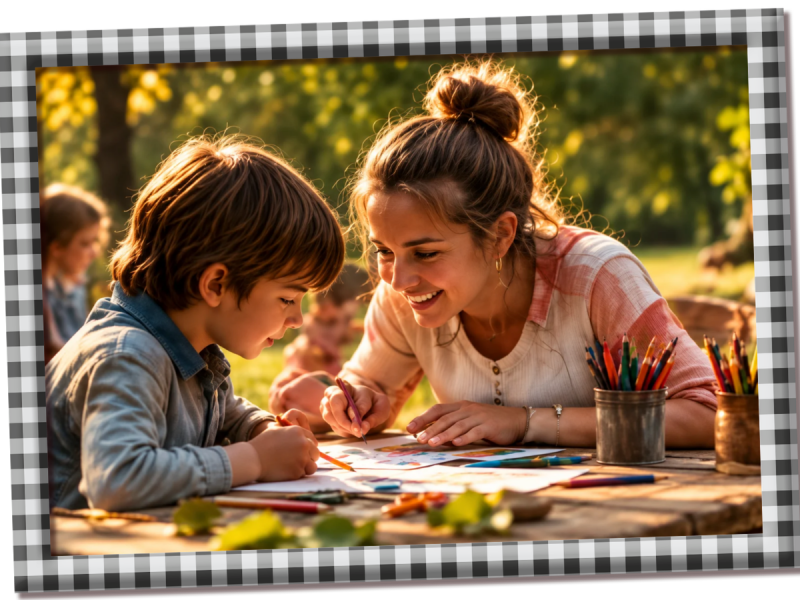 Ehrenamtliche begleitet ein Kind bei einer kreativen Aktivität – gemeinsam entdecken, gestalten und besondere Erlebnisse für Kinder ermöglichen.