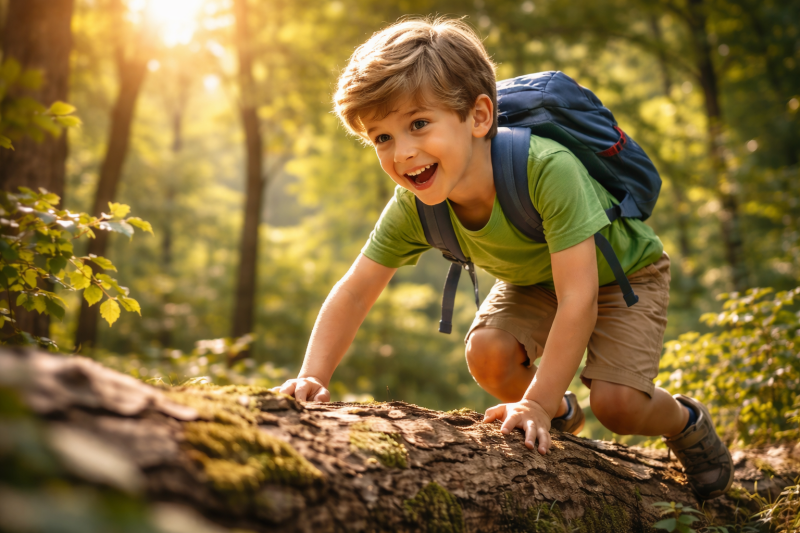 Ein neugieriges Kind untersucht eine Pflanze oder ein Blatt in der Natur. Das Bild symbolisiert kindliche Neugier und den Beginn des Verständnisses für unterschiedliche Persönlichkeiten bei Kindern.