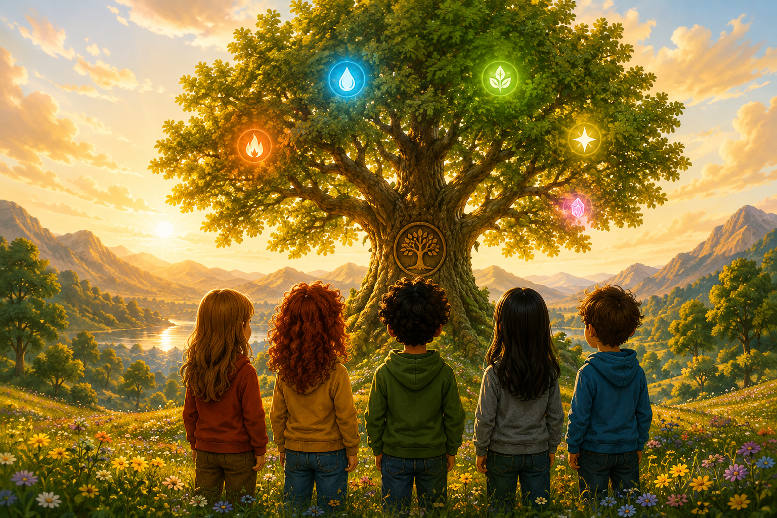Fünf Kinder stehen gemeinsam vor einem leuchtenden Wandelbaum mit den fünf Elementen.