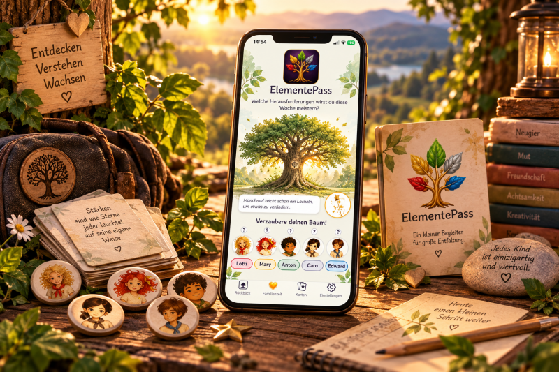 ElementePass auf dem Smartphone – ein spielerischer Begleiter für Kinder und Familien, um Stärken zu entdecken, Herausforderungen zu meistern und gemeinsam zu wachsen.