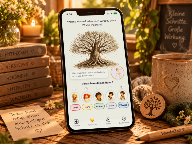 ElementePass für Kinder auf einem Smartphone mit spielerischen Impulsen, um Talente zu entdecken, Kinder besser zu verstehen und gemeinsame Familienzeit zu gestalten.
