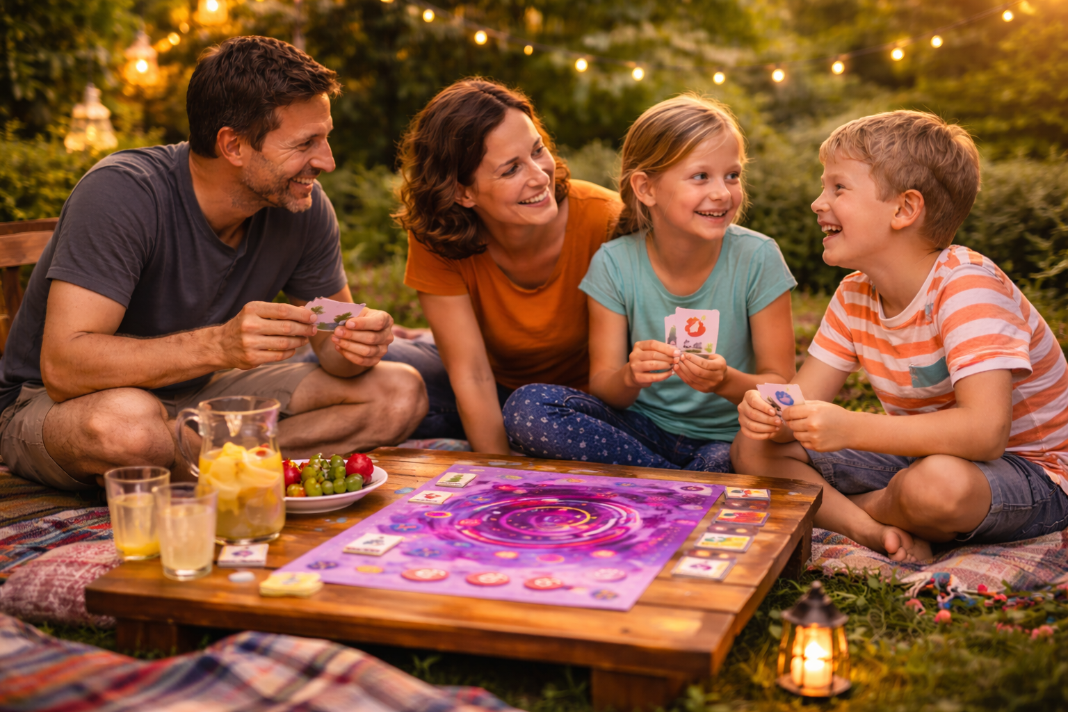 Familie spielt gemeinsam das Elemind-Spiel im Garten, WandelZeit KW e.V.