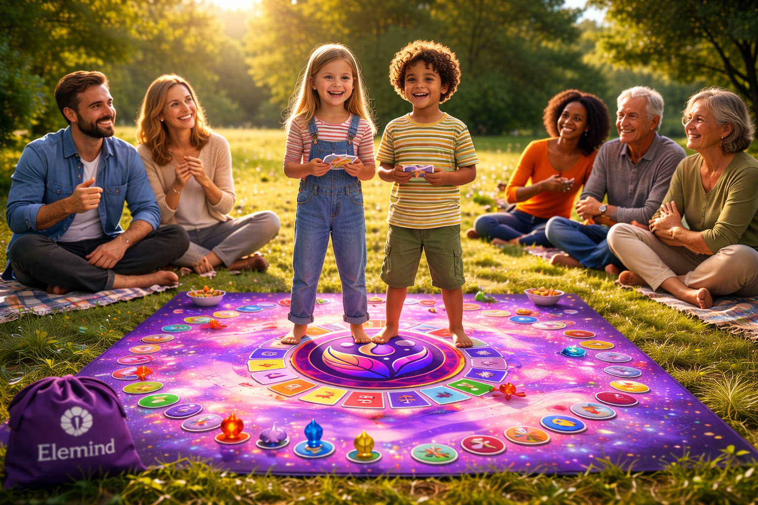 Fröhliche Kinder spielen das Spiel Elemind, bei WandelZeit im Garten