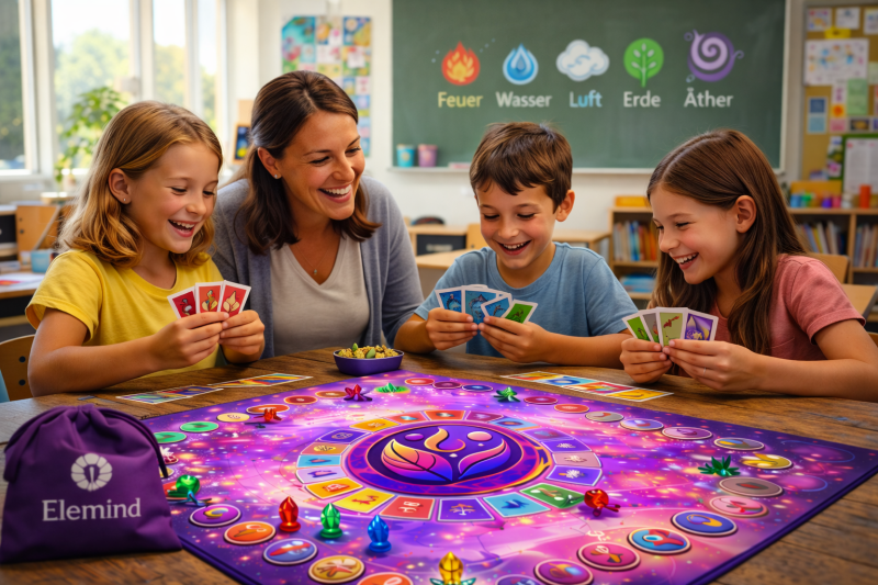 Kinder spielen gemeinsam mit einer Pädagogin das Elemind Brettspiel im Klassenzimmer und entdecken spielerisch die fünf Elemente