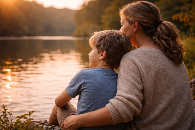 Elternteil und Kind sitzen ruhig nebeneinander in der Natur und sprechen miteinander – Symbol für Verständnis zwischen Eltern und Kindern.