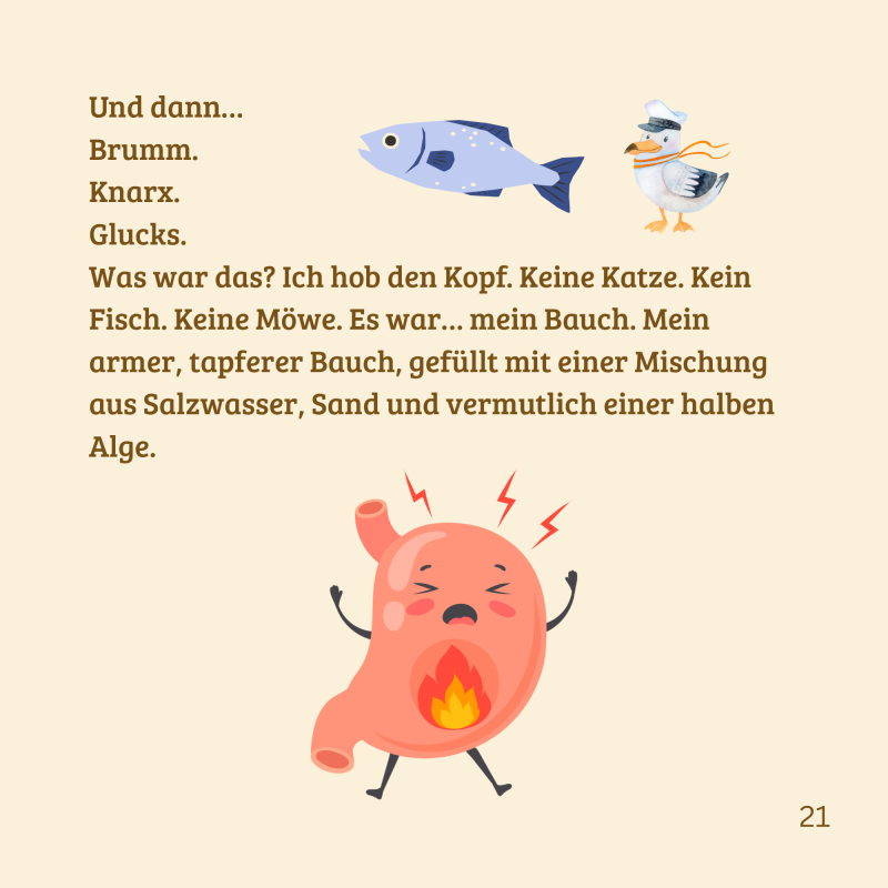 Emma beschreibt auf witzige Weise ihre Bauchschmerzen nach einem aufregenden Tag am Meer – Leseprobe aus Emmas Tagebuch.