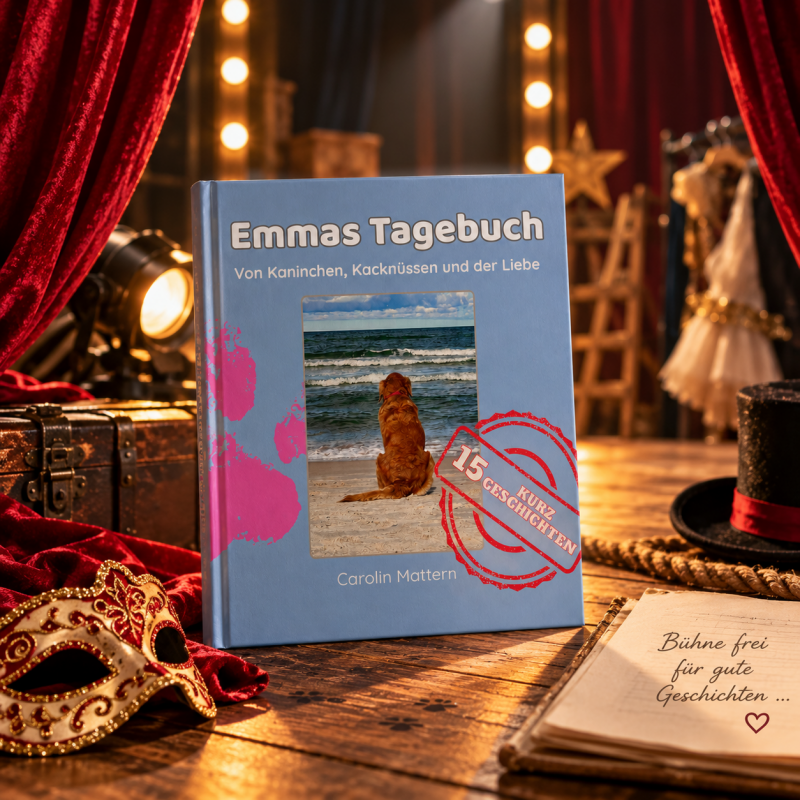 Emmas Tagebuch von Carolin Mattern als Buch vor einer warm beleuchteten Theaterkulisse – 15 kurze Geschichten über das Leben, kleine Katastrophen und große Gefühle.