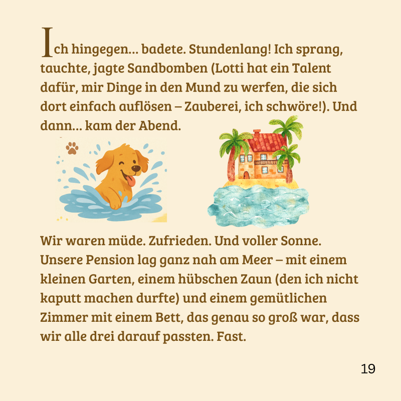 Emma genießt den Urlaub am Meer mit Baden, Sonne und einer gemütlichen Pension – humorvolle Szene aus der Leseprobe.