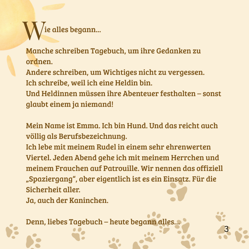 Erste Seite der Leseprobe aus Emmas Tagebuch, auf der Emma sich vorstellt und erzählt, wie ihre Abenteuer beginnen.