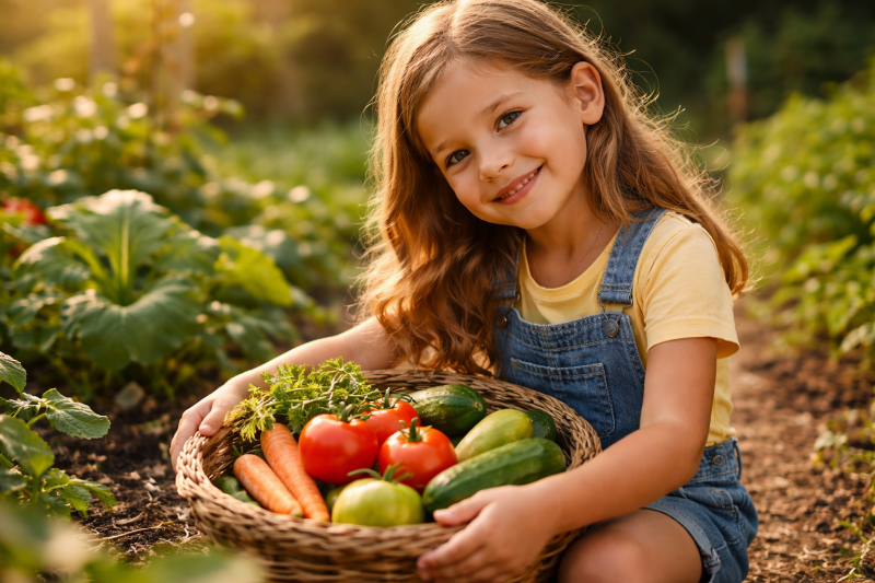 Kind mit Gemüsekorb im Garten – Beispiel für das Erde Element bei Kindern mit Fürsorge, Verbundenheit und Gemeinschaftssinn.