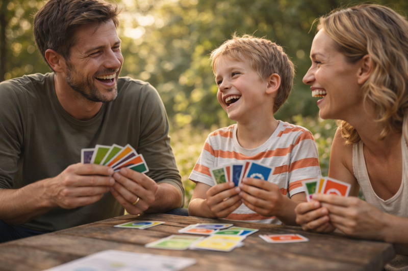 Familie spielt gemeinsam ein Brettspiel und lacht miteinander – ein Moment von Verbindung, Freude und ehrlichen Gesprächen