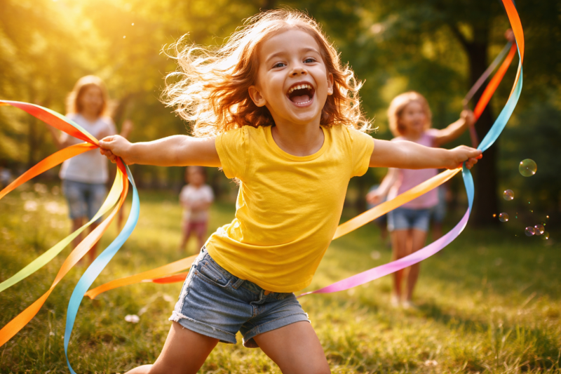 Lebhaftes Kind tanzt und lacht voller Freude – Beispiel für das Feuer Element bei Kindern und ihre kreative, begeisterte Persönlichkeit.