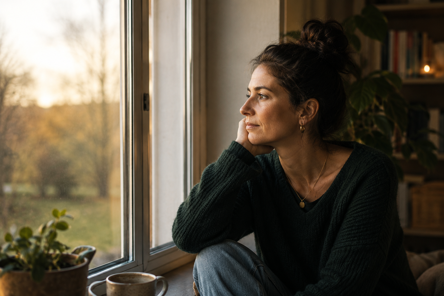 Eine Frau sitzt ruhig am Fenster und blickt nachdenklich nach draußen. Ein stiller Moment der Selbstreflexion, Hoffnung und inneren Orientierung.