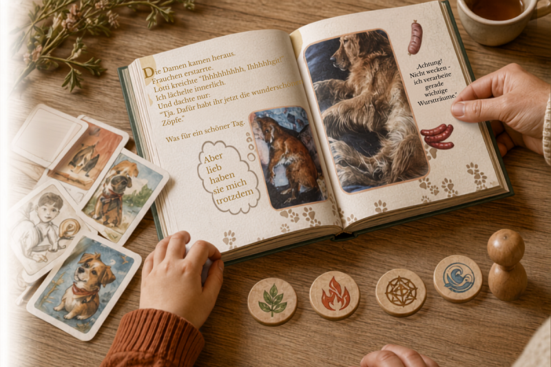 Aufgeschlagene Doppelseite aus Emmas Tagebuch mit Illustration und Text