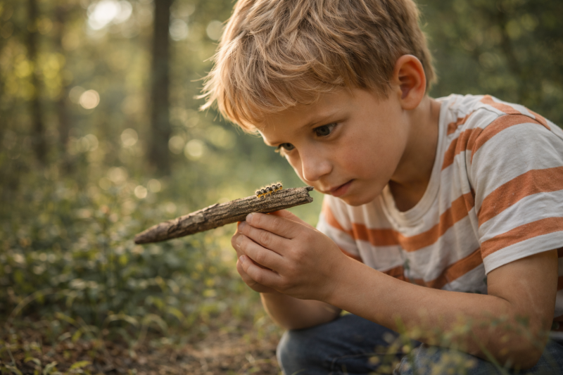 Kind beobachtet eine Raupe im Wald und entdeckt die Natur auf seine eigene Weise – Sinnbild für kindliche Neugier und individuelles Lernen