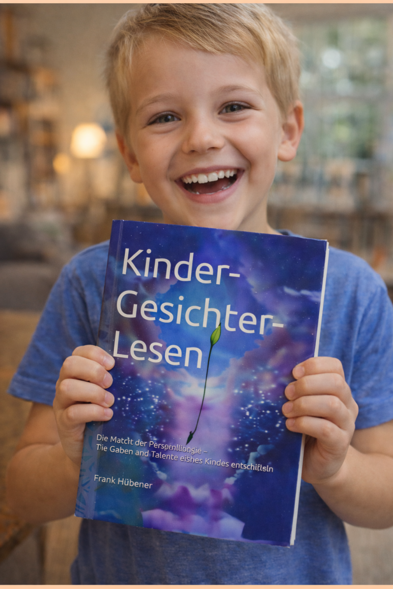 Ein fröhlicher Junge hält begeistert das Buch „Kinder-Gesichter-Lesen“ in die Kamera und lächelt voller Freude in einer warmen, natürlichen Umgebung.