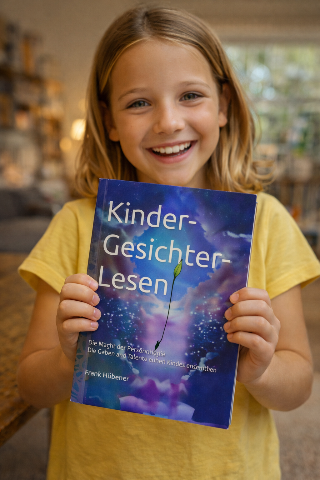 Fröhliches Kind hält das Buch „Kinder-Gesichter-Lesen“ von Frank Hübener in den Händen und präsentiert es lächelnd