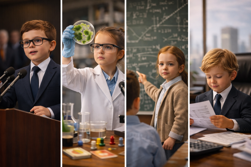 Kinder entdecken ihre Talente und Persönlichkeiten in verschiedenen Rollen wie Redner, Forscher, Lehrer und Denker.