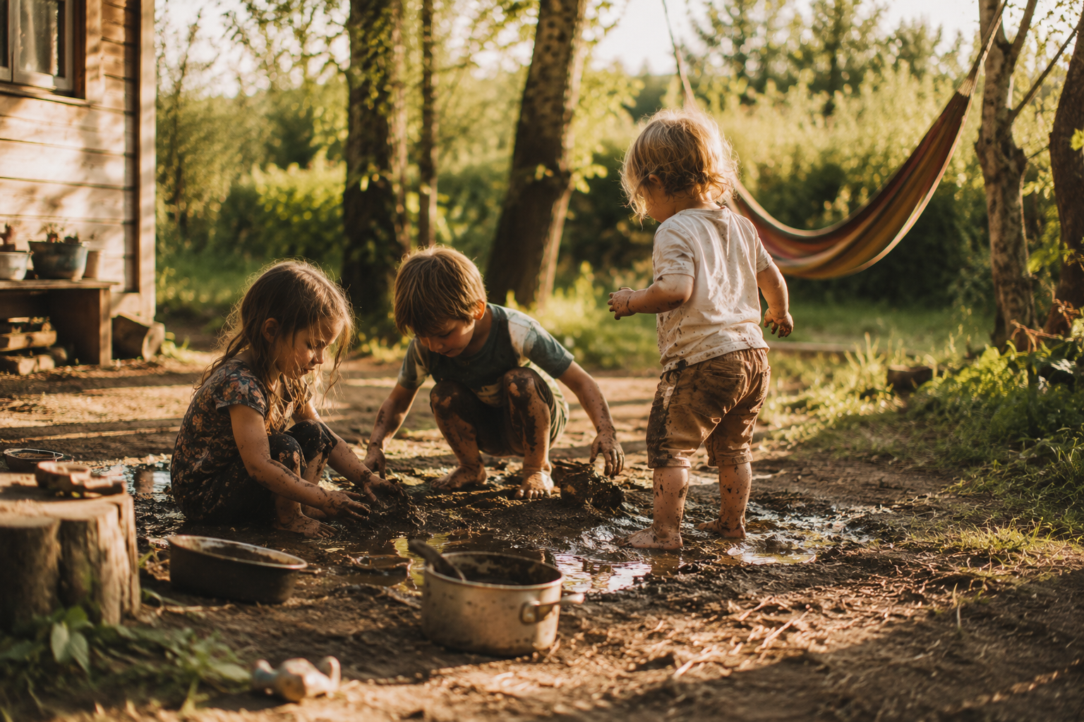Kinder spielen frei und unbeschwert in der Natur. Ohne Perfektion, dafür mit Neugier, Bewegung und echtem Leben. Ein Moment, in dem Entdecken, Lernen und Freude ganz selbstverständlich entstehen.