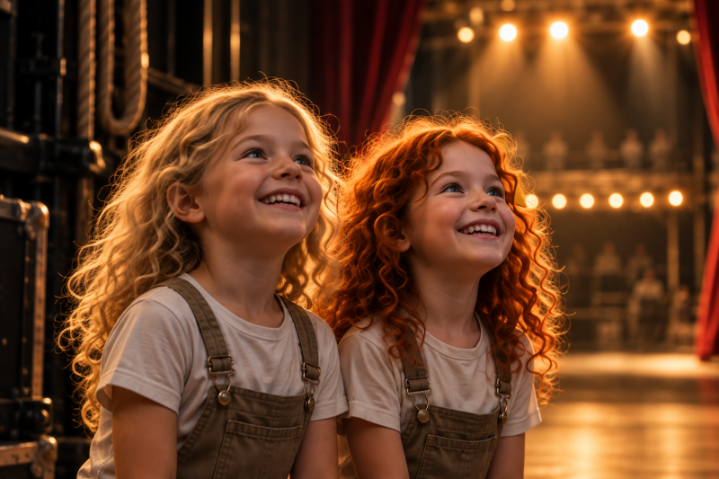 Zwei begeisterte Mädchen im Theater als Einladung für Kinder, zu spielen, Neues zu entdecken und Bühnenluft zu schnuppern.