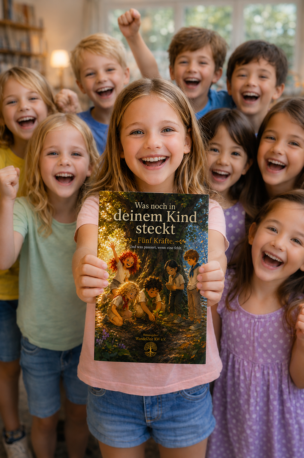 Ein Mädchen hält begeistert das Buch 'Was noch in deinem Kind steckt' in die Kamera, umringt von lachenden Kindern.