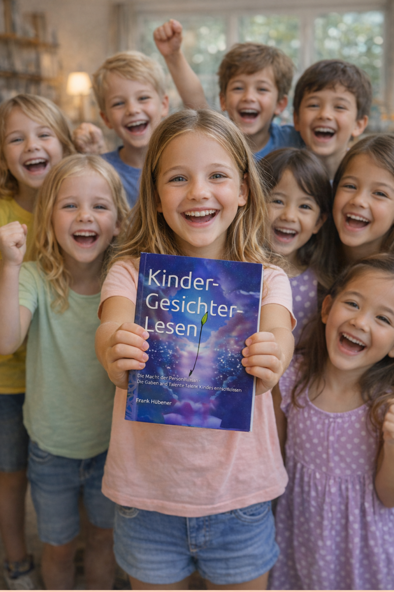 Ein Mädchen steht im Mittelpunkt und hält voller Begeisterung das Buch „Kinder-Gesichter-Lesen“ in die Kamera, während eine Gruppe lachender Kinder im Halbkreis um sie herumsteht.