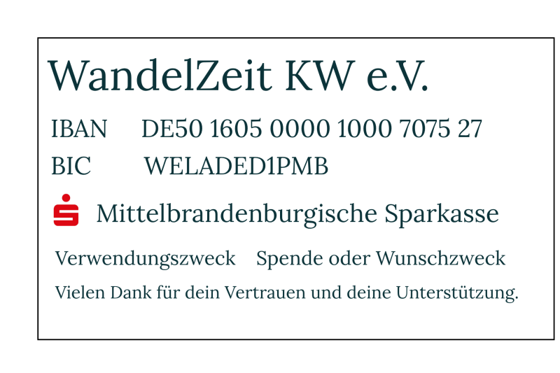 BAN: DE50 1605 0000 1000 7075 27 BIC: WELADED1PMB  Mittelbrandenburgische Sparkasse