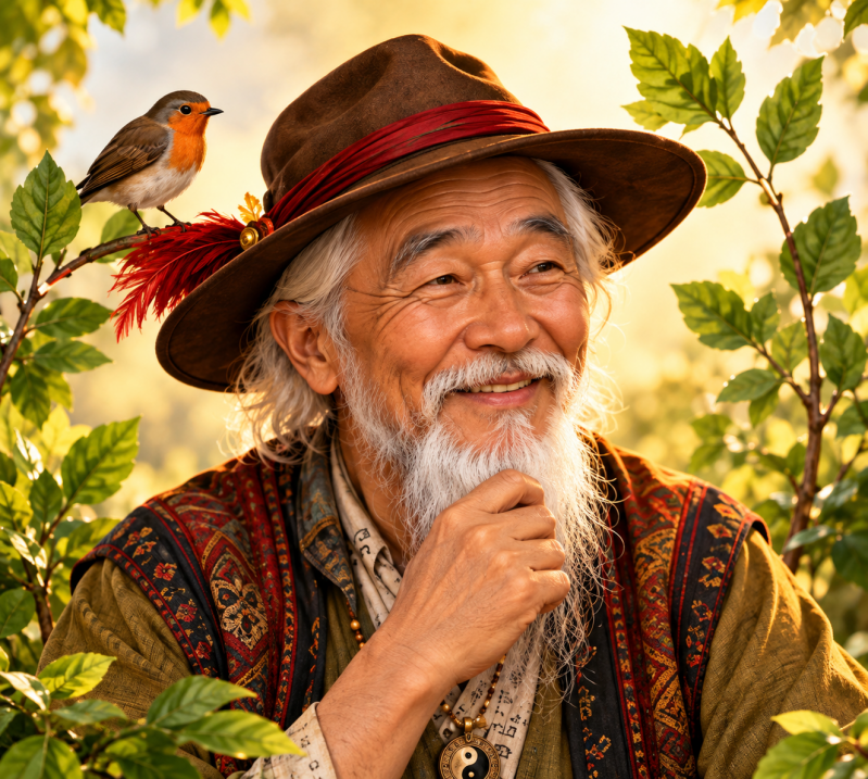Meister Wu Xing mit seinem charakteristischen Hut und einem kleinen Vogel – die von Thoralf Hagel gesprochene Figur der WandelZeit-Welt.