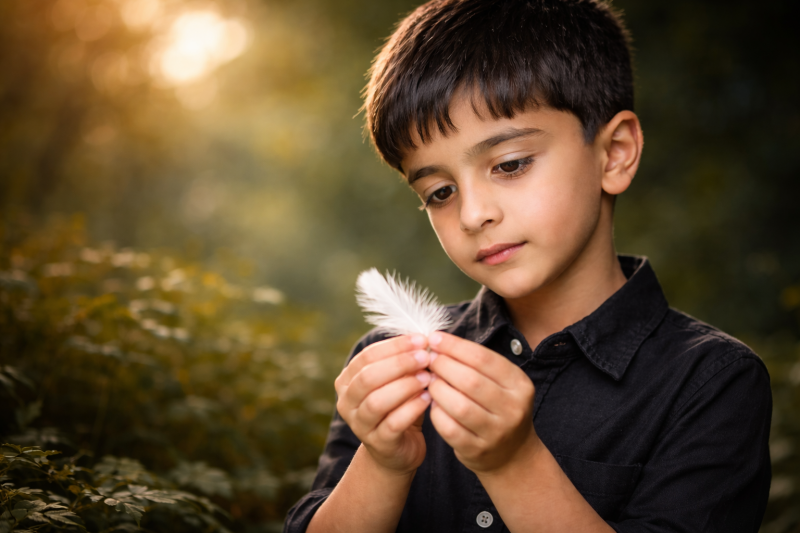 Ruhiges, sensibles Kind betrachtet eine Feder aufmerksam – Beispiel für das Metall Element bei Kindern mit feiner Wahrnehmung und tiefer Beobachtung.