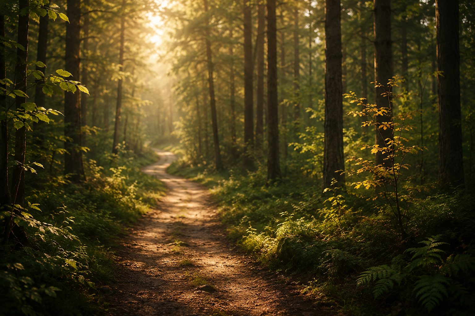 Warmer Waldweg im sanften Morgenlicht als Symbol für den Weg zur inneren Ruhe, die Regulation des Nervensystems und neue Perspektiven im Umgang mit Misophonie.