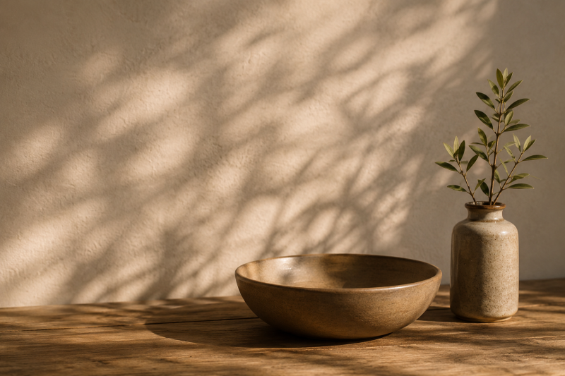 Minimalistische Schale und Vase in ruhiger Atmosphäre als Symbol für einen geschützten Raum, Orientierung und Verständnis bei Misophonie – ohne Therapieversprechen.