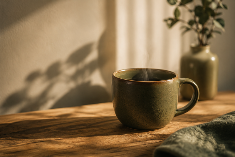 Warme Tasse auf einem Holztisch im sanften Morgenlicht als Symbol für einen Ort des Ankommens, des Verstandenwerdens und der inneren Ruhe für Menschen mit Misophonie.