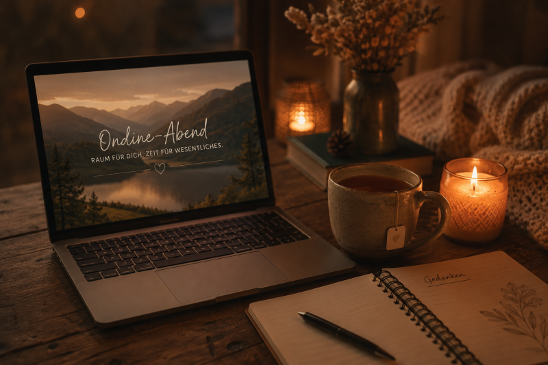 Ein Laptop, eine brennende Kerze, eine Tasse Tee und ein geöffnetes Notizbuch schaffen eine ruhige Atmosphäre für einen Online-Abend. Ein Ort zum Ankommen, Zuhören und Nachdenken – ohne Ablenkung, ohne Videokacheln.