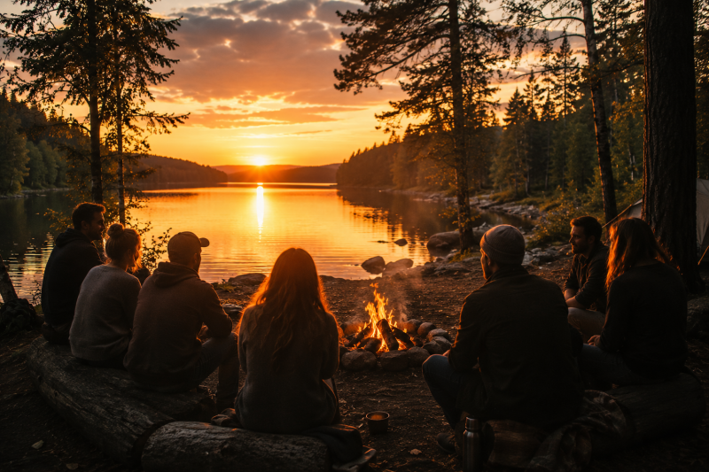 Menschen sitzen gemeinsam am Lagerfeuer am Ufer eines Sees. Umgeben von Wald, Wasser und dem Licht des Sonnenuntergangs entsteht ein Ort der Ruhe, Begegnung und echten Verbindung.