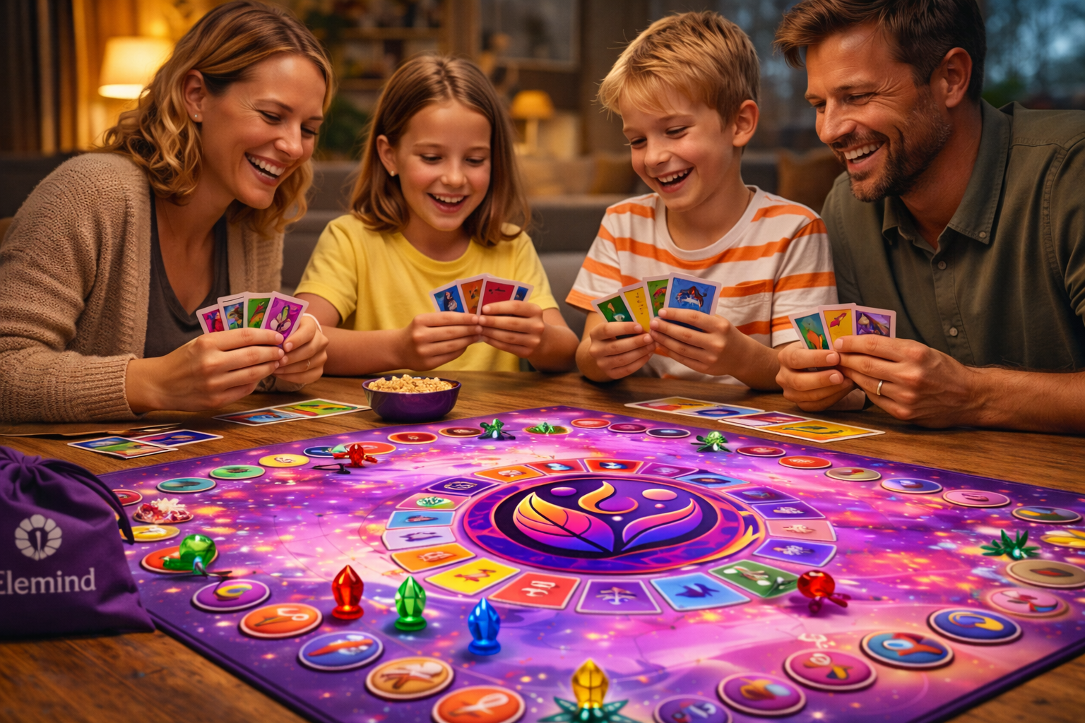 Familie testet gemeinsam das Elemind Brettspiel und entdeckt spielerisch die fünf Elemente