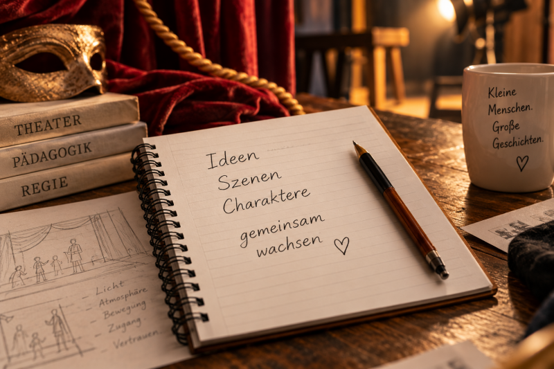 Notizbuch mit Ideen für Szenen und Charaktere als Symbol für Theaterpädagogik, Regie und die gemeinsame Entwicklung eines Theaterstücks mit Kindern.