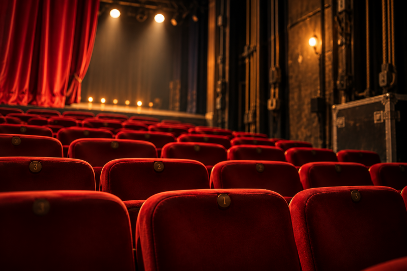 Leere rote Theatersitze vor einer beleuchteten Bühne als Einladung für Schulen und Theatergruppen, beim Kinder-Theaterprojekt mitzumachen.