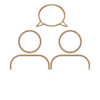 Icon mit drei Personen und Sprechblase als Symbol für Austausch, Dialog und Begegnung bei WandelZeit e. V.