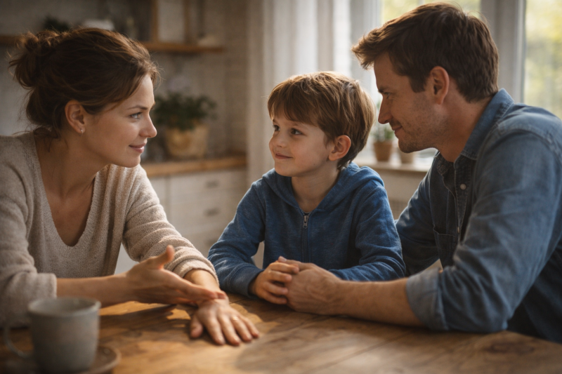 Eltern sitzen mit ihrem Kind am Tisch und hören aufmerksam zu – ein ruhiger Moment des Gesprächs und wachsenden Verständnisses in der Familie.