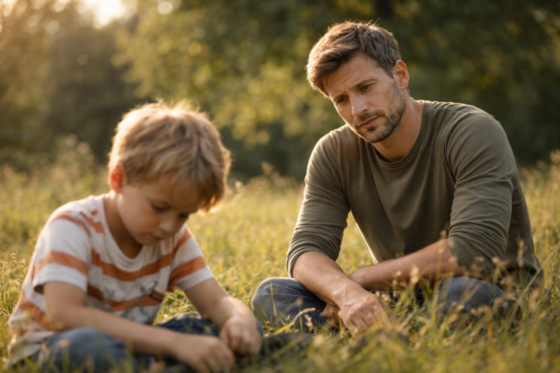 Vater beobachtet nachdenklich sein Kind im Gras – ein Moment des Nicht-Verstehens zwischen Eltern und Kind
