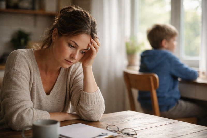 Nachdenkliche Mutter sitzt am Küchentisch und hält sich die Stirn, während ihr Kind im Hintergrund aus dem Fenster schaut – ein stiller Moment der Ratlosigkeit im Familienalltag.