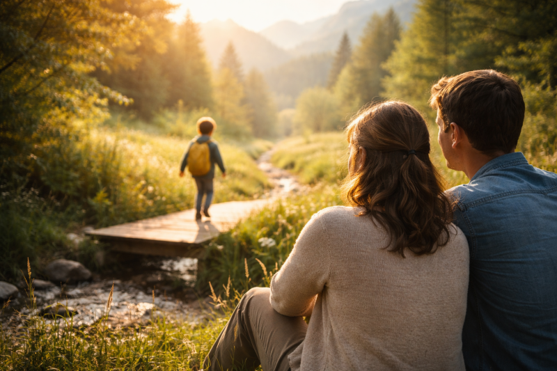 Eltern sitzen in der Natur und beobachten ihr Kind, das selbstbewusst über einen kleinen Holzsteg läuft – ein symbolischer Moment für Vertrauen und einen neuen Blick auf das Kind.