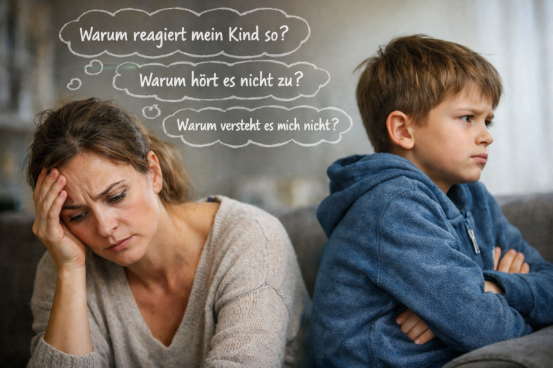 Nachdenkliche Mutter sitzt neben ihrem Sohn, beide schauen in unterschiedliche Richtungen – ein Moment der Unsicherheit zwischen Eltern und Kind im Familienalltag.